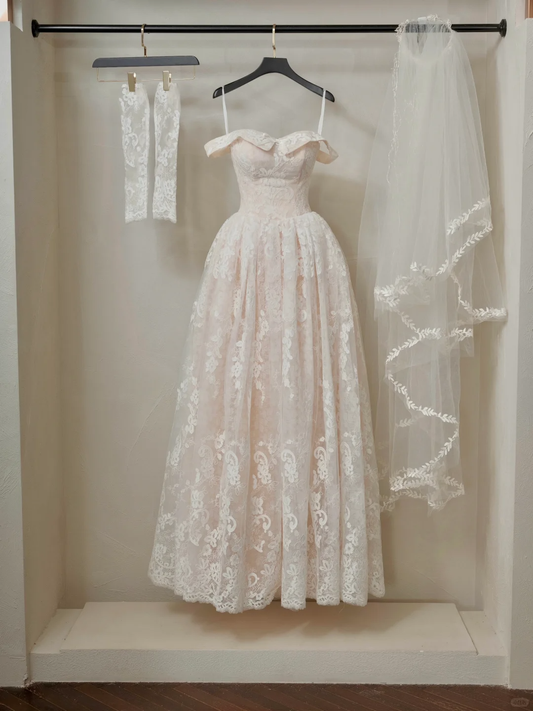 Vintage A line Off The Shoulder Cap Sleeve Lace Fitted Corset Long Wedding Dress Bride Gowns White Wedding Dresses RB2054