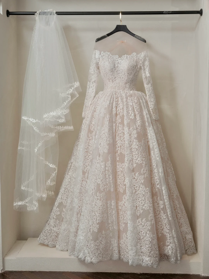 Robe de bal éthérée, épaules dénudées, corset ajusté en dentelle, manches longues, robe de mariée, robes de mariée RB2055