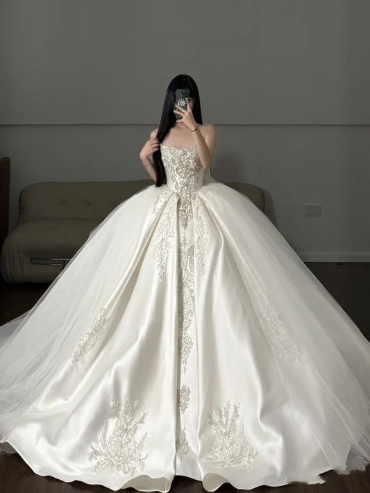 Princess Ball Gown Strapless Sleeveless Satin Fitted Corset Long Wedding Dress Bride Gowns Lace Wedding Dresses RB2072