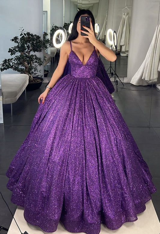 Modest Ball Gown Spaghetti Straps Grape Sequin Long Prom Dresses Inspiration Formal Gown RB2074