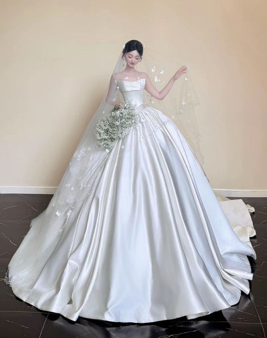 Charming Ball Gown Strapless Sleeveless Satin Fitted Corset Long Wedding Dress Bride Gowns Wedding Dresses RB2075