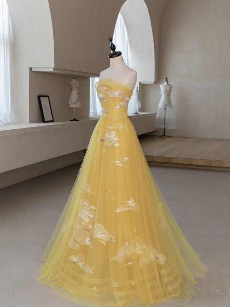 Beautiful A line Strapless Yellow Tulle Prom Dresses For Teens Formal Dress Party Outfits Prom Gown RB2077
