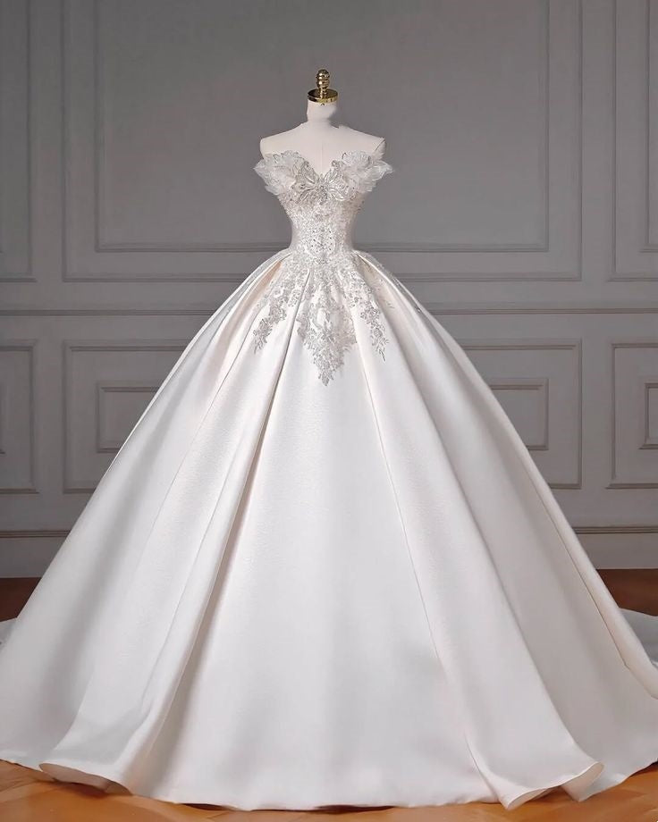 Fancy Ball Gown Strapless Sleeveless Satin Fitted Corset Long Wedding Dress Bride Gowns Wedding Dresses RB2084