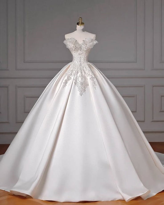 Fancy Ball Gown Strapless Sleeveless Satin Fitted Corset Long Wedding Dress Bride Gowns Wedding Dresses RB2084