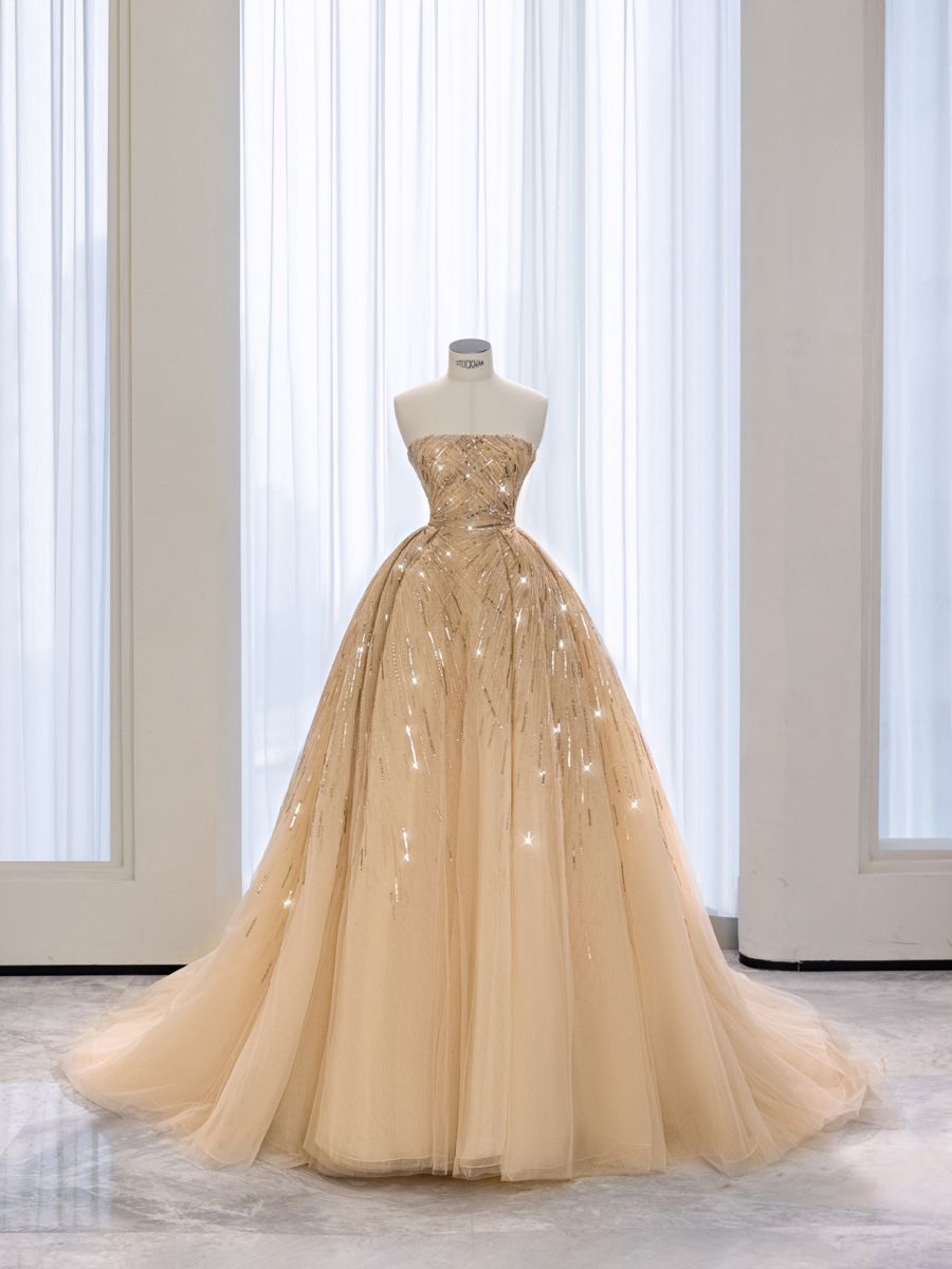 Charmante robe de bal bustier en tulle champagne, longue, pour Quinceanera, Sweet 15/16, RB2087