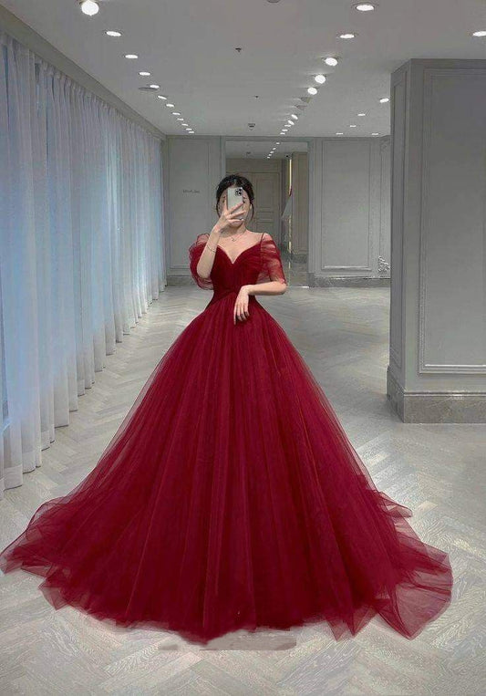 Beautiful Ball Gown Off The Shoulder Burgundy Tulle Prom Dresses For Teens Formal Dress Party Outfits Prom Gown RB2093