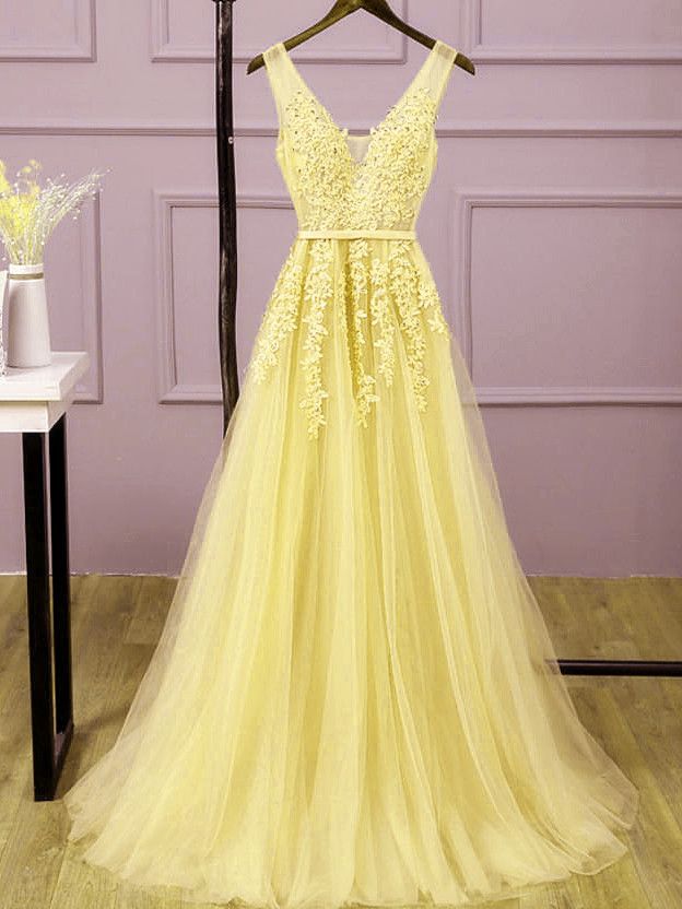 Cute A Line V Neck Yellow Lace Long Prom Dresses Inspiration Formal Gown RB2094