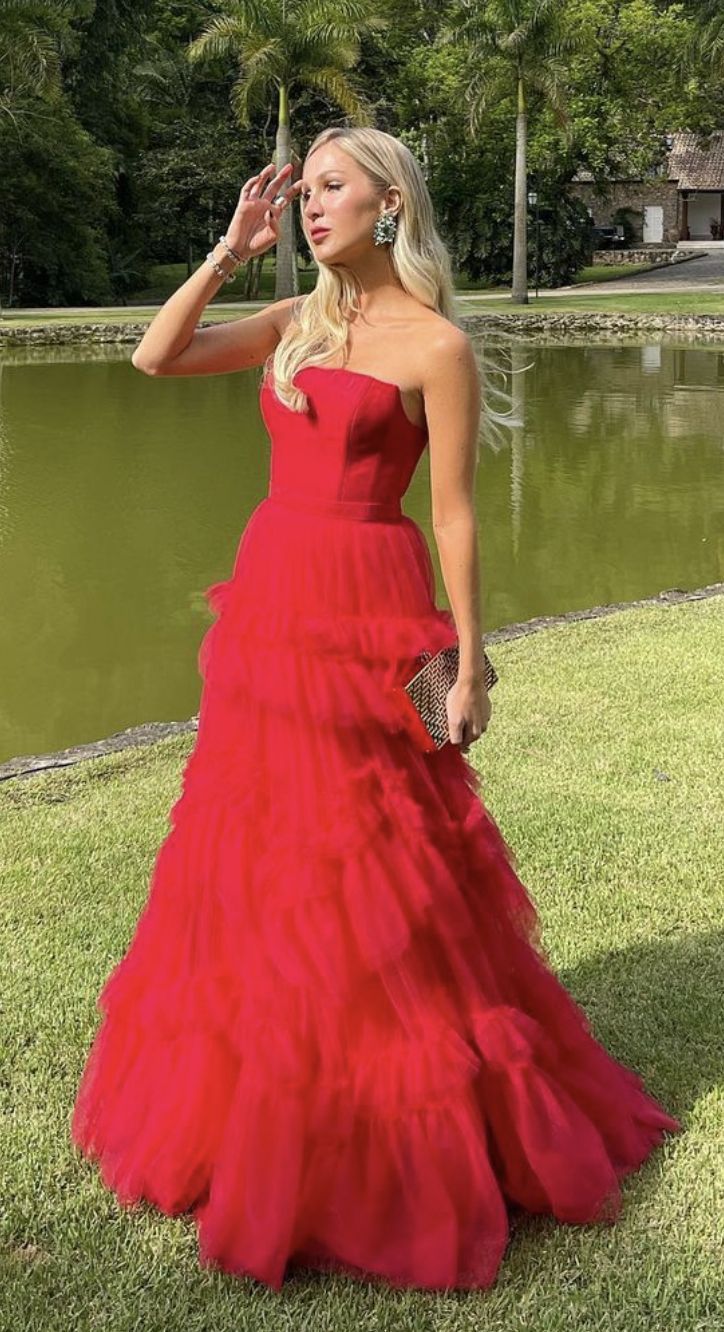 Robe de bal vintage bustier en tulle rouge à volants, longue robe de bal, inspiration robe de soirée RB2097