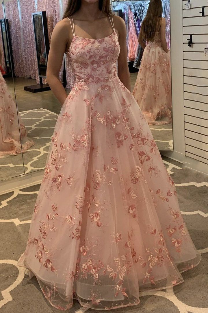 Modest Ball Gown Spaghetti Straps Blush Pink Tulle Lace Long Prom Dresses Inspiration Formal Gown RB2099