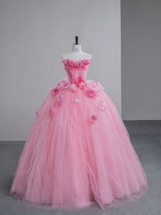 Modest Quinceanera Dresses Ball Gown Strapless Pink Tulle Birthday Gown Vestidos De 15 Anos Formal Party Long Sweet 16 Dress RB1042