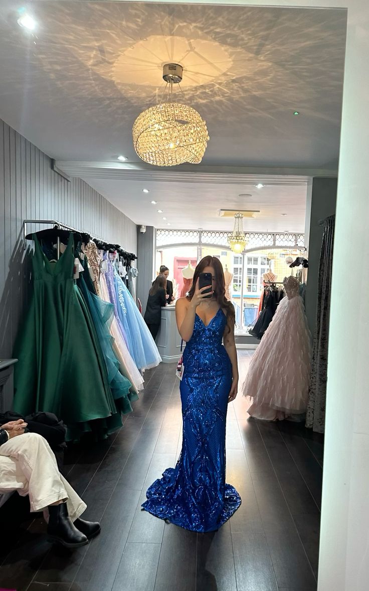 Robe de bal sirène unique à bretelles spaghetti bleu roi et paillettes pour adolescentes, tenue de soirée formelle, robe de bal RB2104