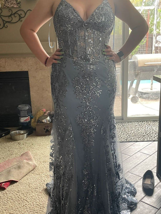 Sexy Mermaid Spaghetti Straps Silver Gray Sequin Long Prom Dresses Inspiration Formal Gown RB1997
