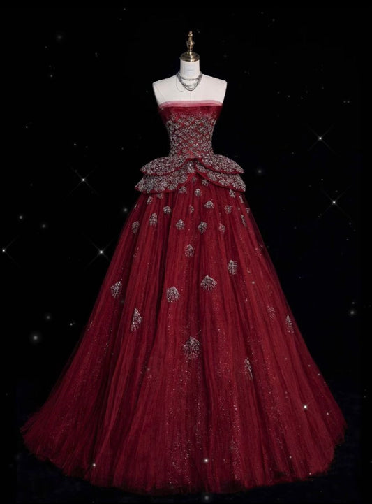Beautiful Ball Gown Strapless Burgundy Tulle Prom Dresses For Teens Formal Dress Party Outfits Prom Gowns RB2112