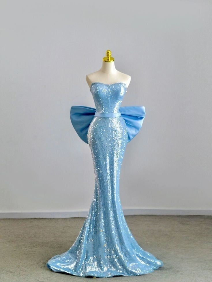 Robe de bal sirène bustier bleue à paillettes avec nœud, tenue de soirée élégante pour adolescentes, RB2114
