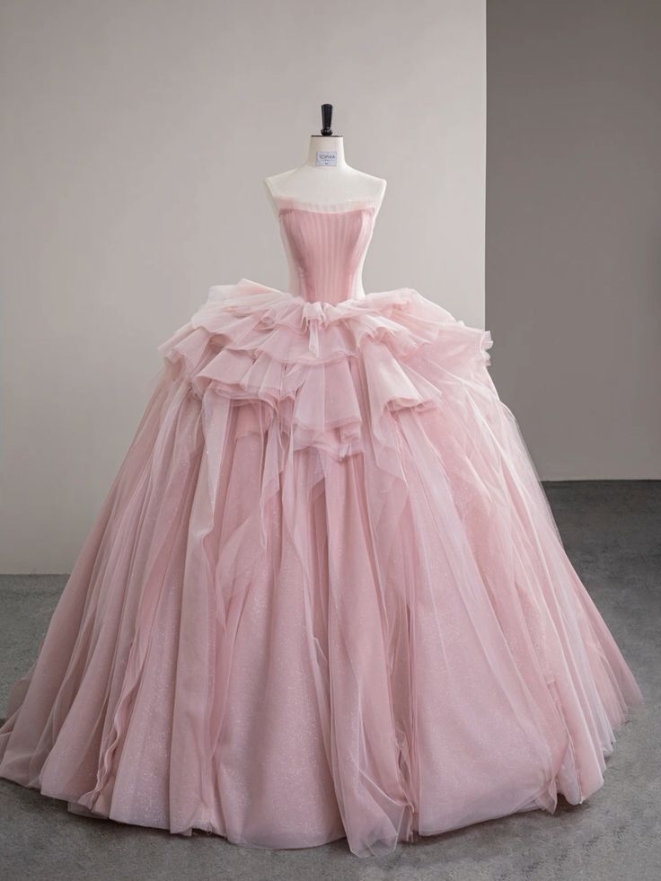 Robe de bal modeste en tulle rose, sans bretelles, à manches bouffantes, pour fête de 15 ans, RB2122