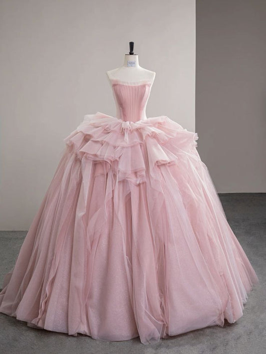 Modest Quinceanera Dresses Ball Gown Strapless Pink Tulle Birthday Gown Vestidos De 15 Anos Formal Party Puffy Sleeves Sweet 16 Dress RB2122