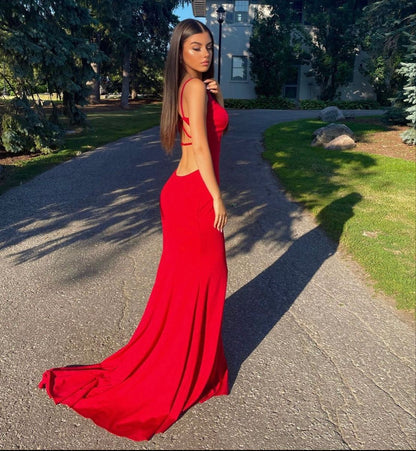 Robe de bal sirène sexy à bretelles spaghetti, dos nu, rouge, pour adolescentes, tenue de soirée formelle, RB2128