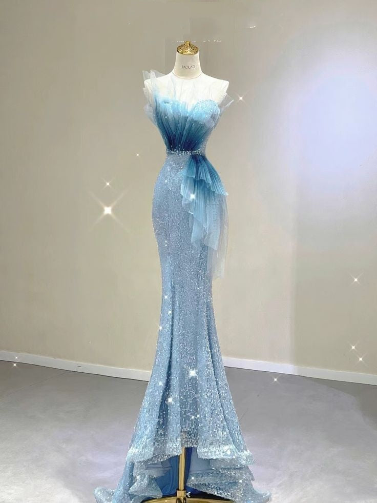 Robe de bal sirène sexy bleue en cœur pour adolescentes, tenue de soirée formelle, robe de bal RB2129