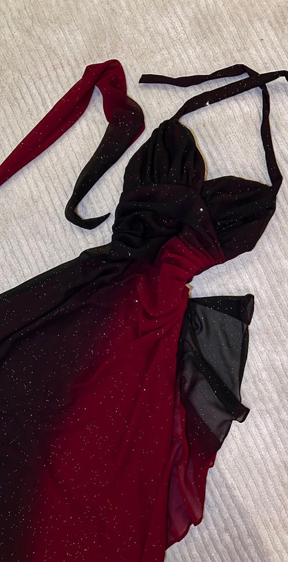 Vintage Sheath Halter Ombre Red Burgundy Chiffon Prom Dresses For Teens Formal Dress Party Outfits Prom Gowns RB2135
