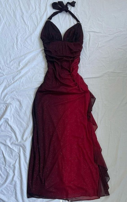 Vintage Sheath Halter Ombre Red Burgundy Chiffon Prom Dresses For Teens Formal Dress Party Outfits Prom Gowns RB2135