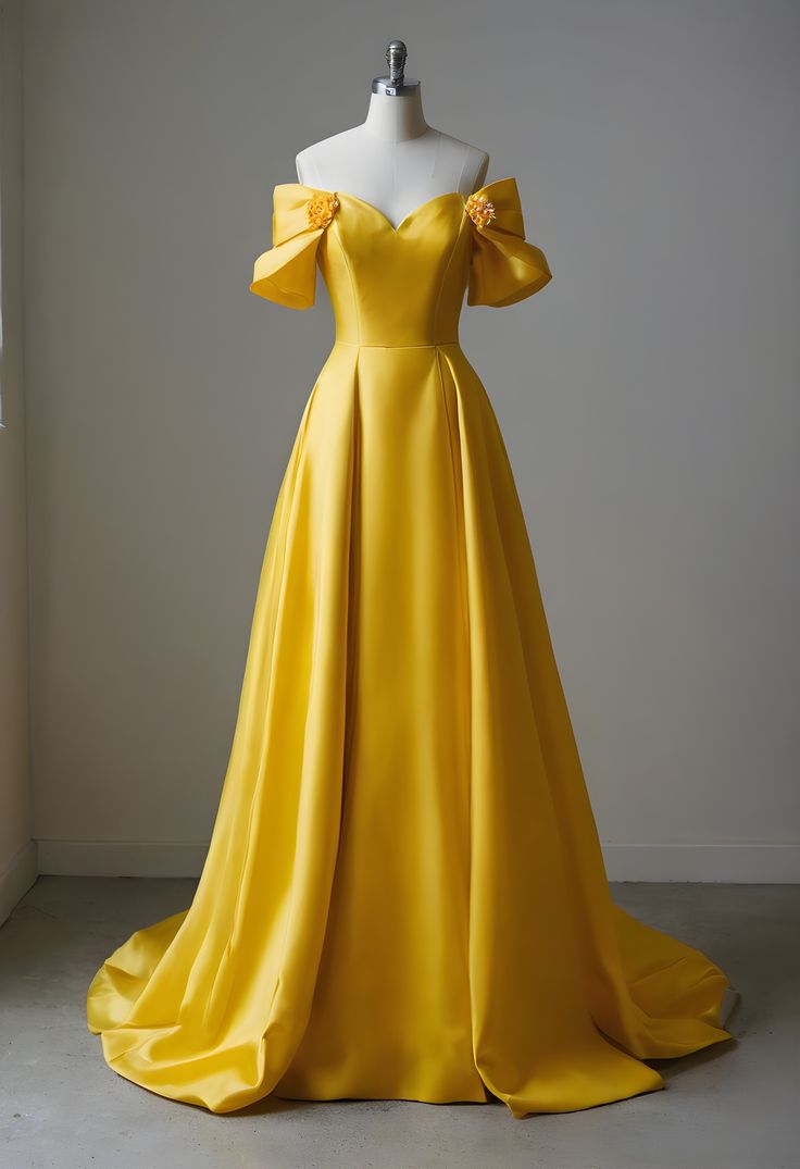 Robe de bal sexy en satin jaune à épaules dénudées pour adolescentes, tenue de soirée formelle, RB2136