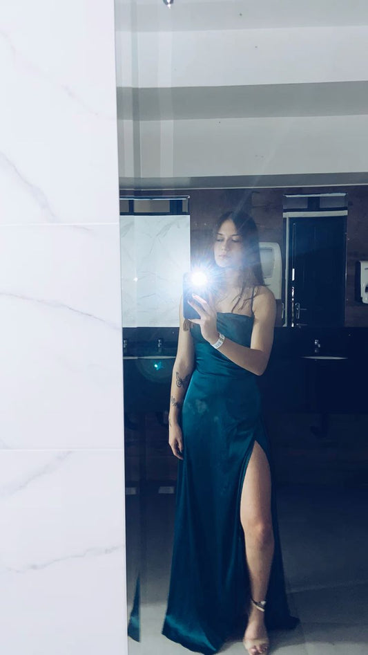Robe de bal fourreau modeste à bretelles spaghetti en satin de soie vert fendu pour adolescentes, tenue de soirée formelle, robe de bal RB2139