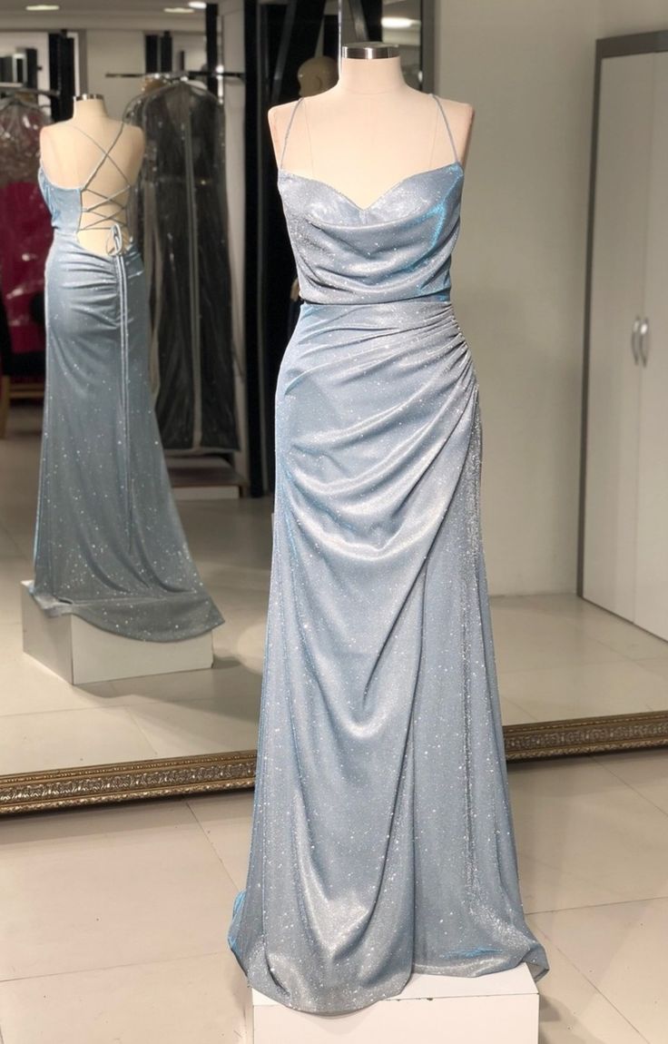 Charmante robe de bal sirène à bretelles spaghetti bleu ciel clair et paillettes pour adolescentes, tenue de soirée formelle, robe de bal RB2146