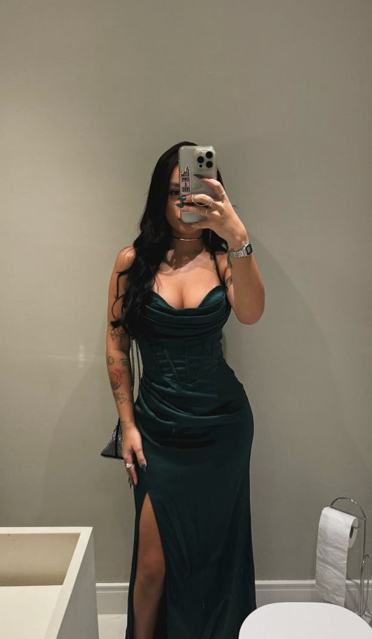 Robe de bal sirène sexy à bretelles spaghetti, en satin vert foncé, fendue, pour adolescentes, tenue de soirée formelle, RB2148