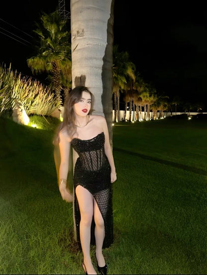 Robe de soirée sirène noire à paillettes, bustier et fente, robe de bal longue, inspiration RB2149