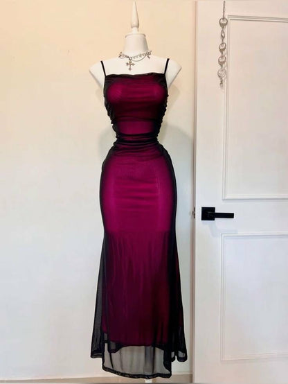Vintage Mermaid Spaghetti Straps Black Burgundy Tulle Prom Dresses For Teens Formal Dress Party Outfits Prom Gowns RB2151