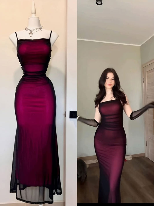 Robe de bal sirène vintage à bretelles spaghetti, en tulle noir bordeaux, pour adolescentes, tenue de soirée formelle, RB2151