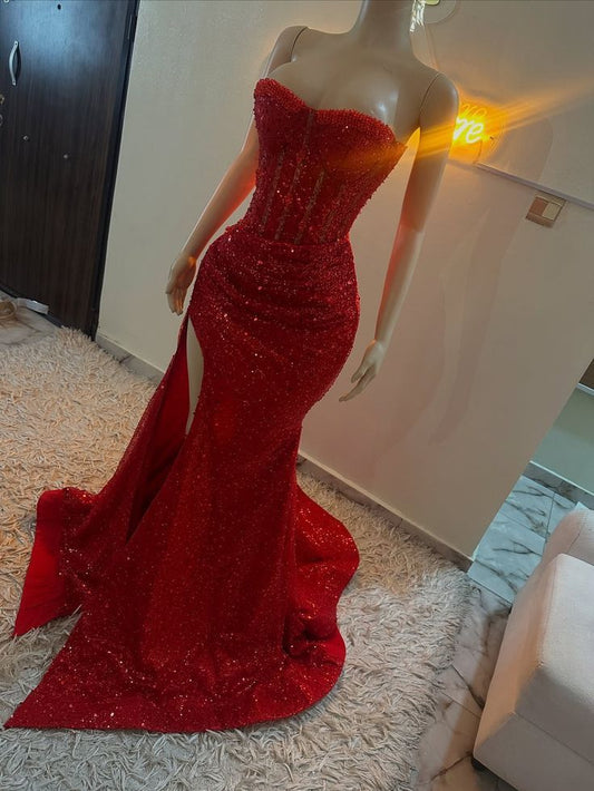 Shining Mermaid Sweetheart Red Slit Sequin Prom Dresses For Teens Formal Dress Party Outfits Prom Gown RB2154