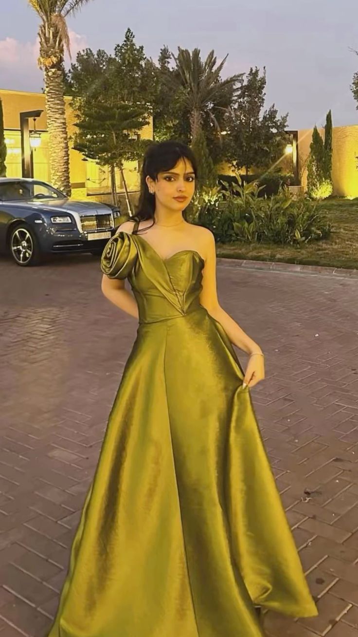 Sexy A Line One Shoulder Olive Green Satin Prom Dresses For Teens Formal Dress Party Outfits Prom Gown RB2155