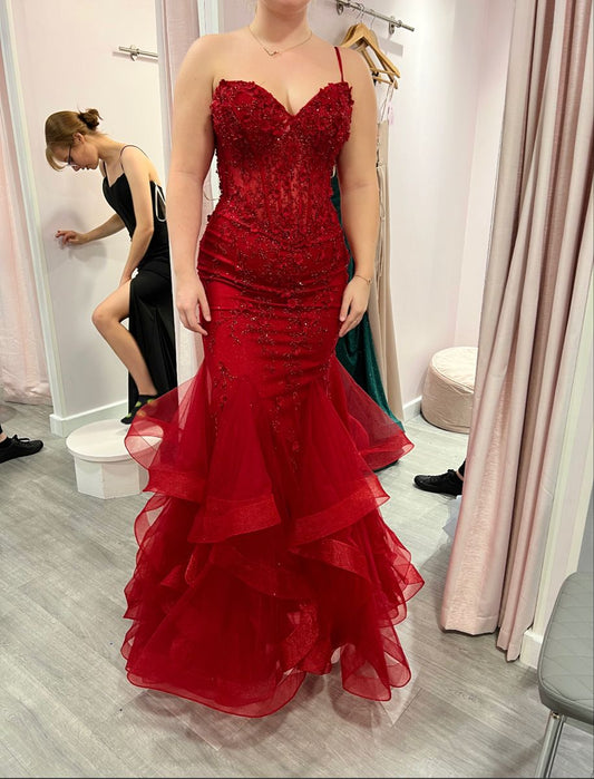 New Arrival Mermaid Spaghetti Straps Burgundy Lace Prom Dresses For Teens Formal Dress Party Outfits Prom Gowns RB2157