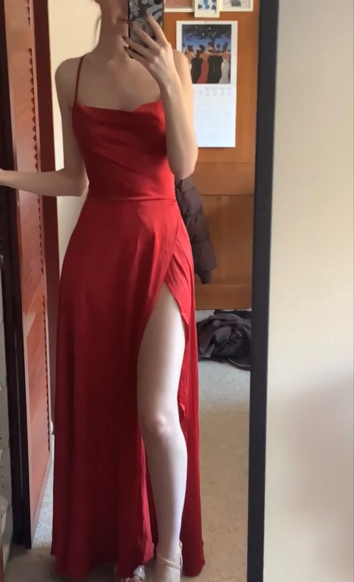 Robe de bal rouge sexy à bretelles spaghetti et fente pour adolescentes, tenue de soirée formelle, robe de bal RB2160