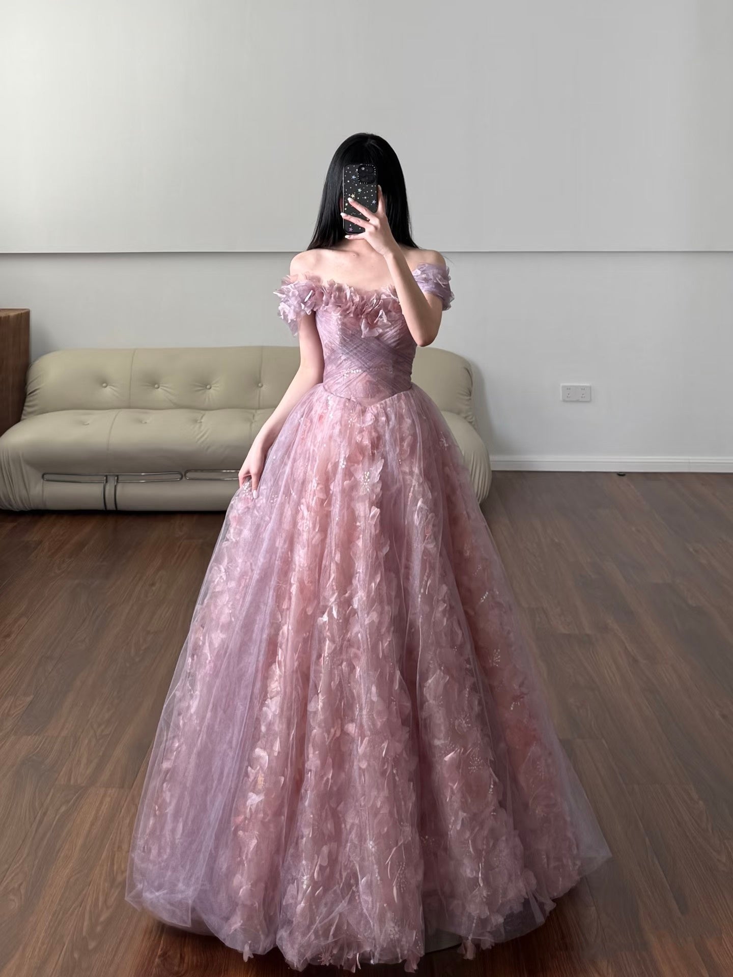Robe de bal unique à épaules dénudées en tulle et dentelle rose, robe de bal longue, tenue de soirée, d'anniversaire, de remise de diplôme, RB2161
