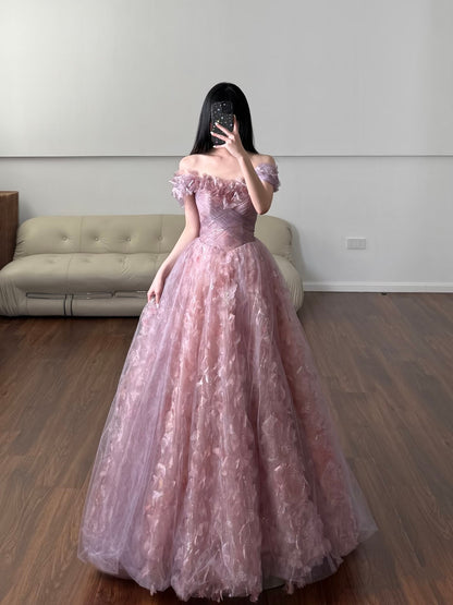 Robe de bal unique à épaules dénudées en tulle et dentelle rose, robe de bal longue, tenue de soirée, d'anniversaire, de remise de diplôme, RB2161