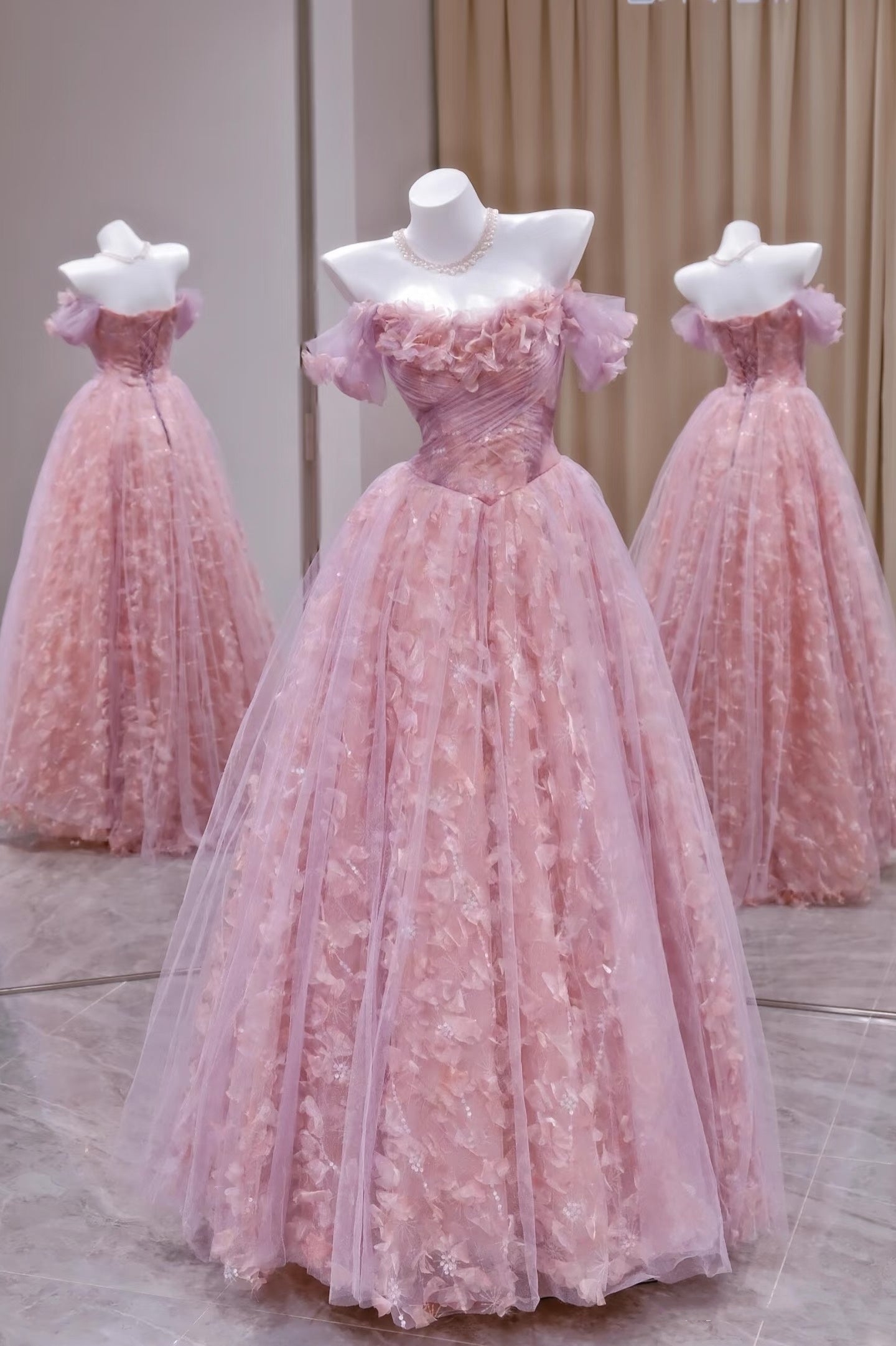 Robe de bal unique à épaules dénudées en tulle et dentelle rose, robe de bal longue, tenue de soirée, d'anniversaire, de remise de diplôme, RB2161