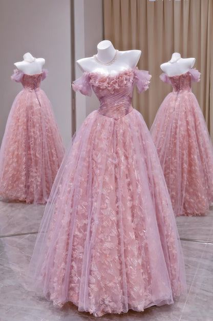 Robe de bal unique à épaules dénudées en tulle et dentelle rose, robe de bal longue, tenue de soirée, d'anniversaire, de remise de diplôme, RB2161