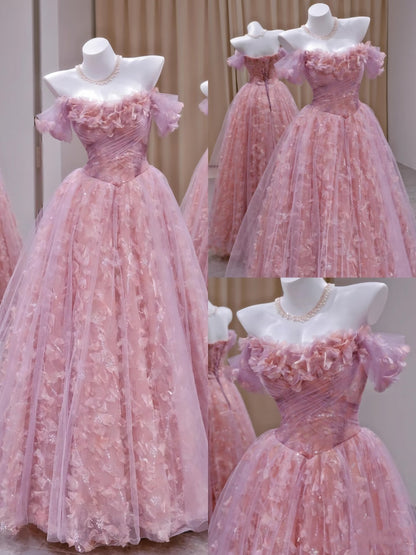 Robe de bal unique à épaules dénudées en tulle et dentelle rose, robe de bal longue, tenue de soirée, d'anniversaire, de remise de diplôme, RB2161