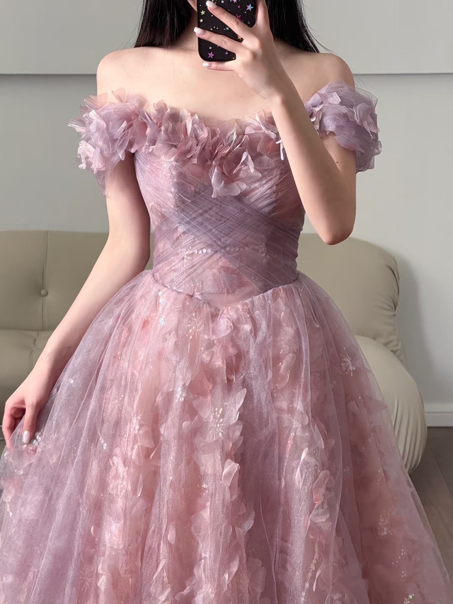 Robe de bal unique à épaules dénudées en tulle et dentelle rose, robe de bal longue, tenue de soirée, d'anniversaire, de remise de diplôme, RB2161