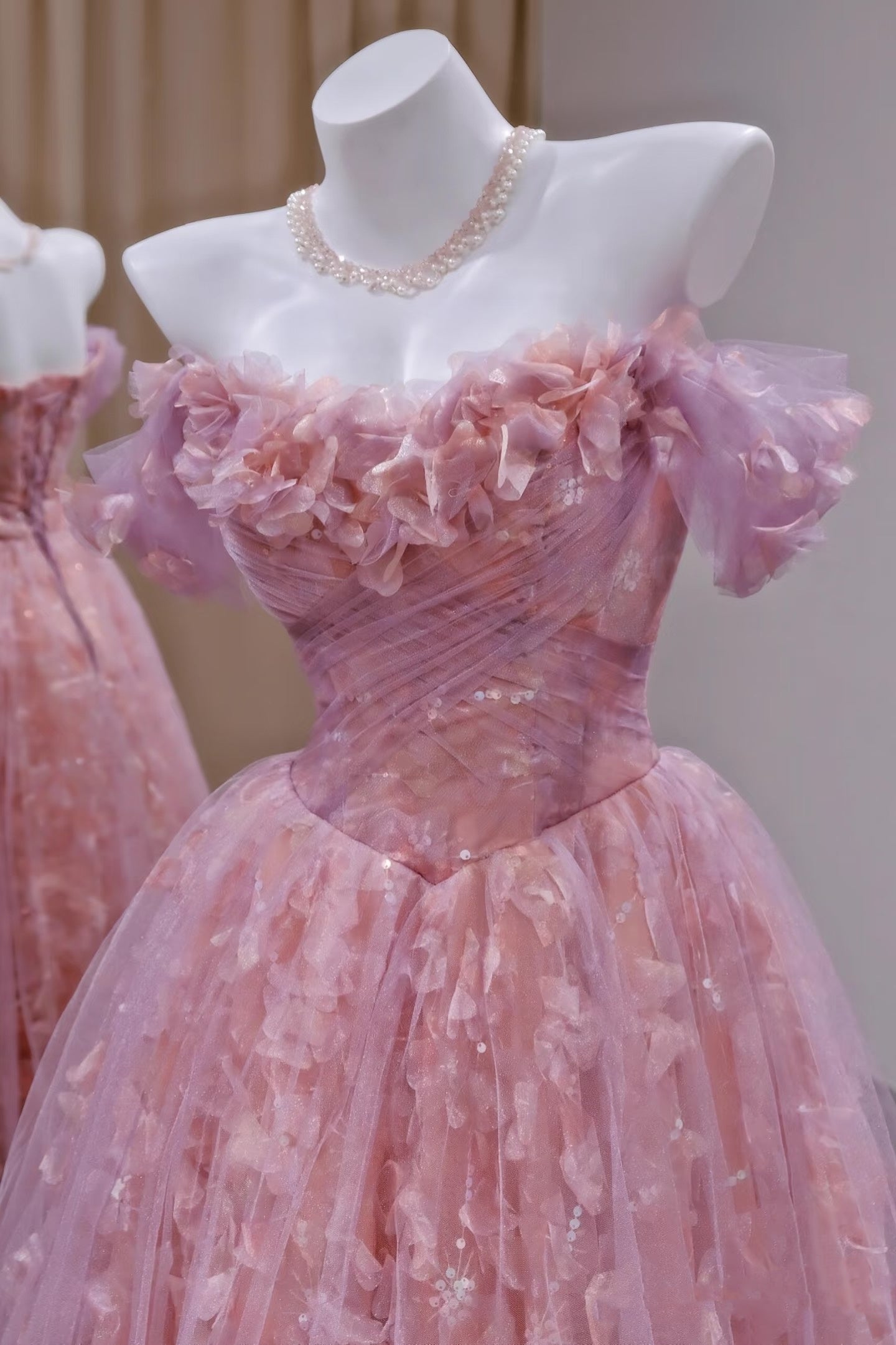 Robe de bal unique à épaules dénudées en tulle et dentelle rose, robe de bal longue, tenue de soirée, d'anniversaire, de remise de diplôme, RB2161
