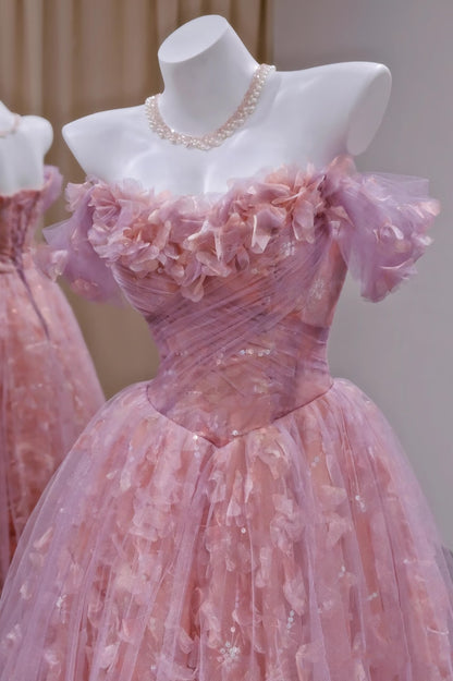 Robe de bal unique à épaules dénudées en tulle et dentelle rose, robe de bal longue, tenue de soirée, d'anniversaire, de remise de diplôme, RB2161