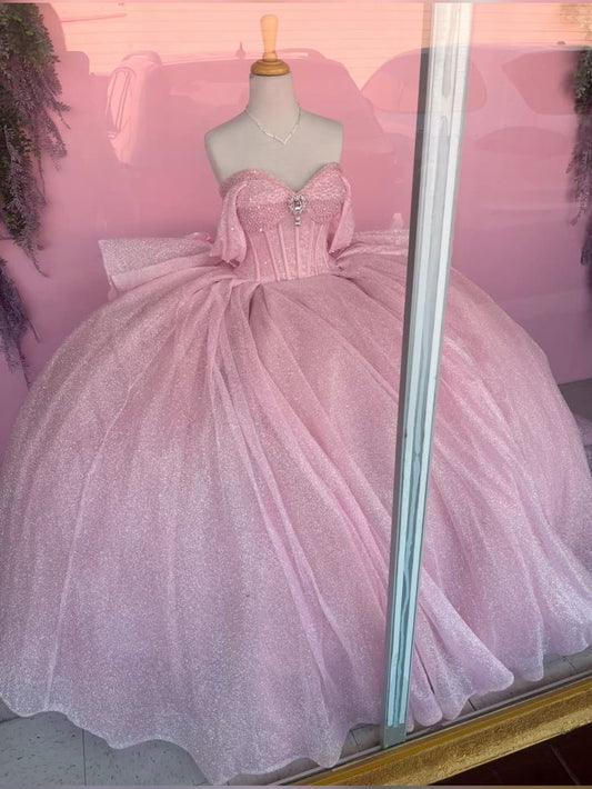 Charming Ball Gown Off The Shoulder Pink Sequin Long Quinceanera Dress Sweet 15 16 Dresses RB2162