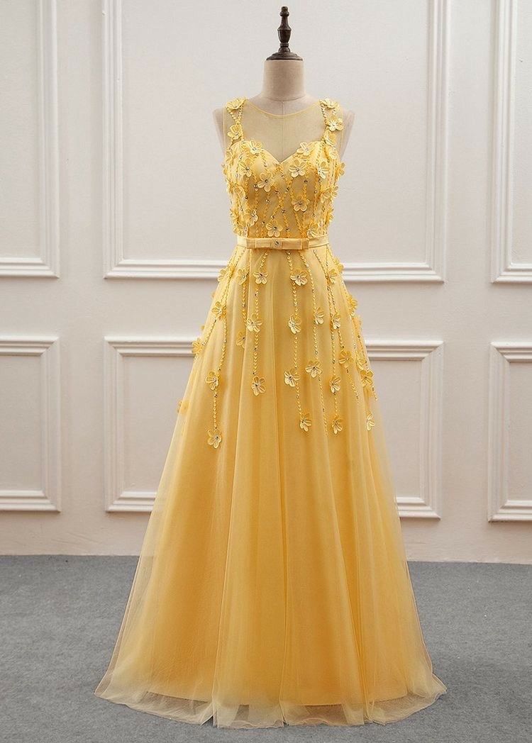 Cute A Line Yellow Lace Appliqued Prom Dresses Inspiration For Teens Formal Dress Party Outfits Prom Gown RB2165