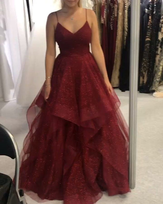 Classy Ball Gown Spaghetti Straps Burgundy Tulle Prom Dresses Inspo For Teens Formal Dress Party Outfits Prom Gowns RB2166