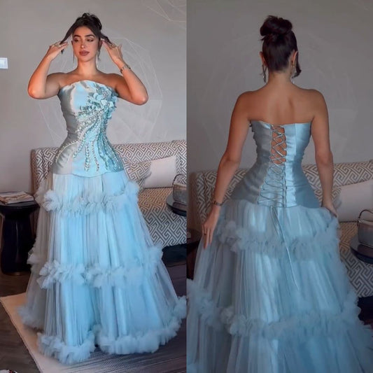 Charming Ball Gown Strapless Blue Tulle Prom Dresses Inspiration For Teens Formal Dress Party Outfits Prom Gown Ideas RB2172