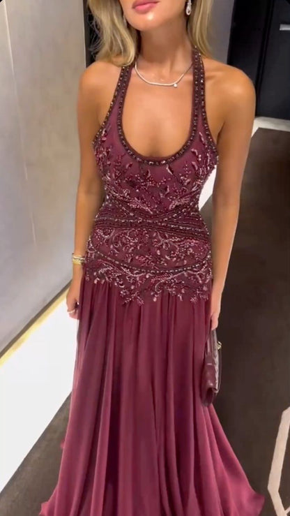 Classy Mermaid Halter Dark Red Burgundy Chiffon Prom Dresses Inspo For Teens Formal Dress Party Outfits Prom Gowns RB2174