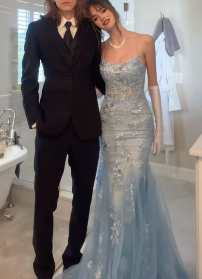 Charming Mermaid Spaghetti Straps Light Sky Blue Tulle Prom Dresses Inspiration For Teens Formal Dress Party Outfits Prom Gown Ideas RB2176