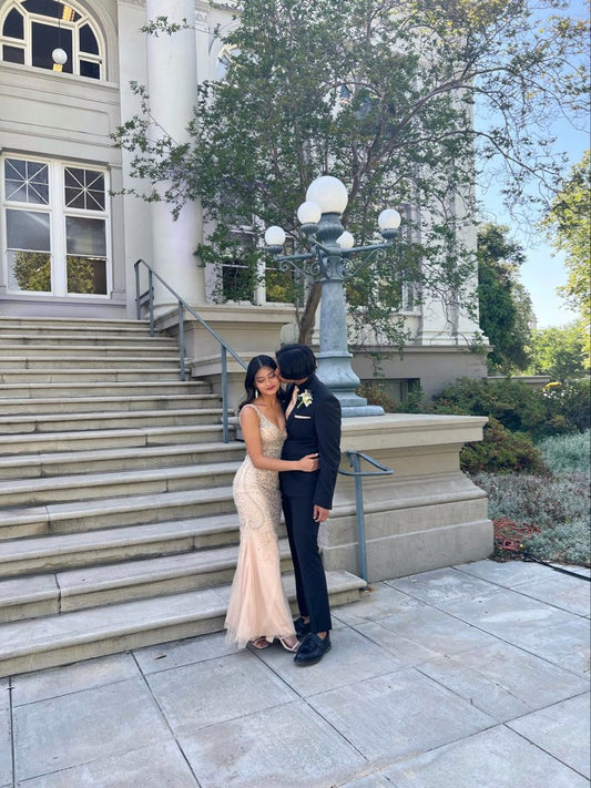Classy Mermaid V Neck Champagne Tulle Prom Dresses Inspo For Teens Formal Dress Party Outfits Prom Gowns RB2180